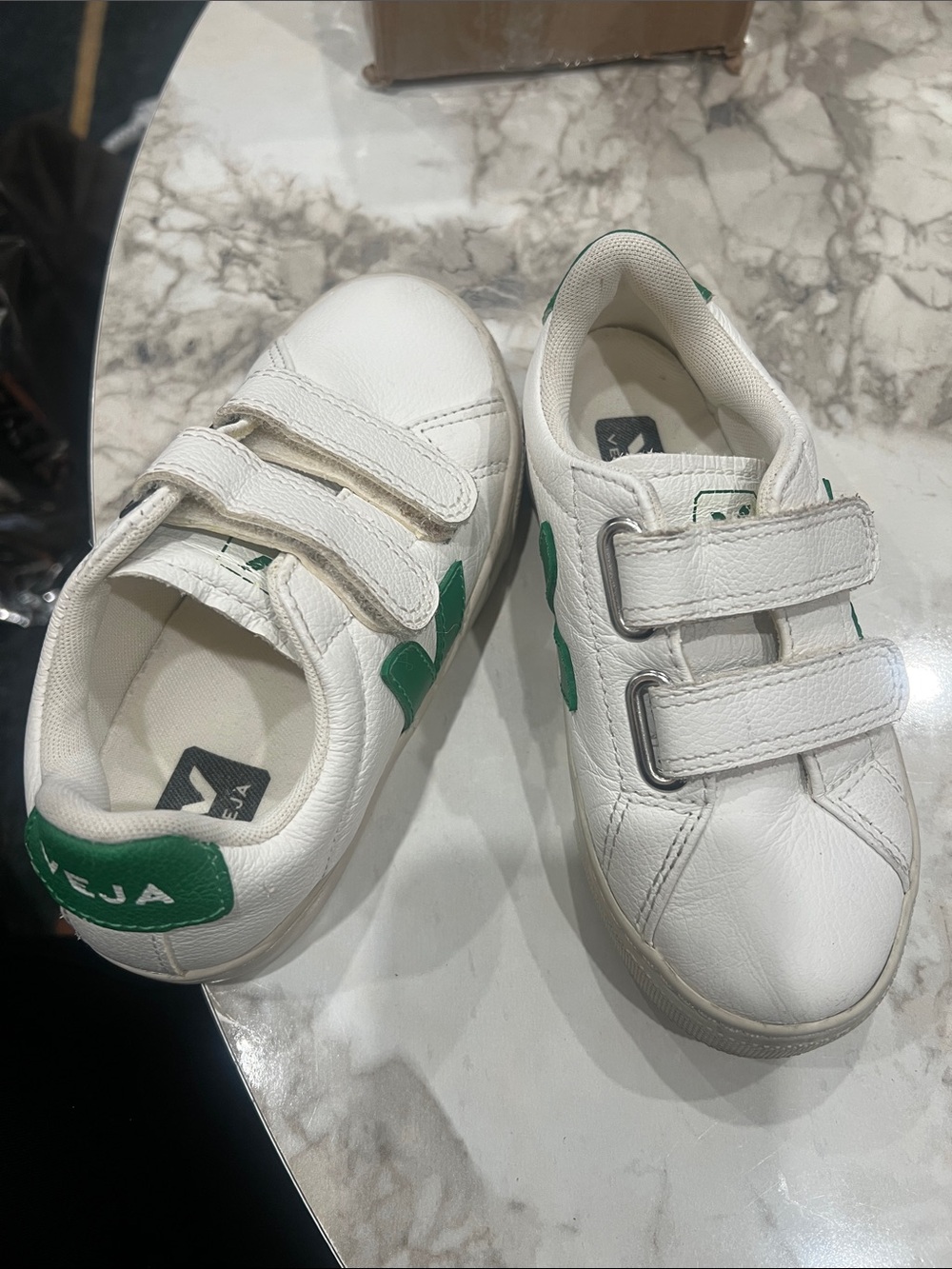 Veja Kids White Sneakers with Green V Logo and Velcro